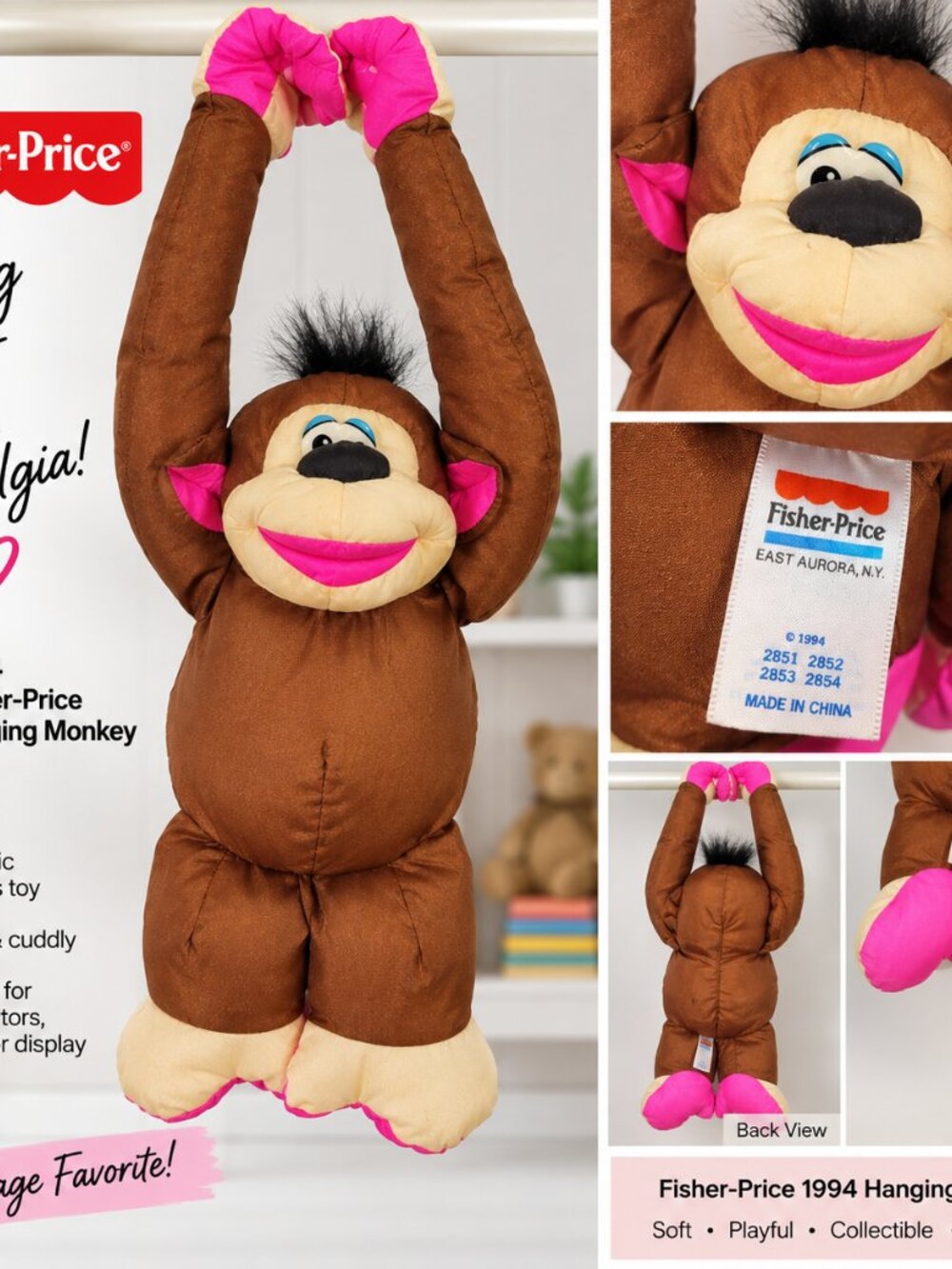 Fisher-Price 1994 Hanging Monkey Plush Brown Pink Vintage Toy